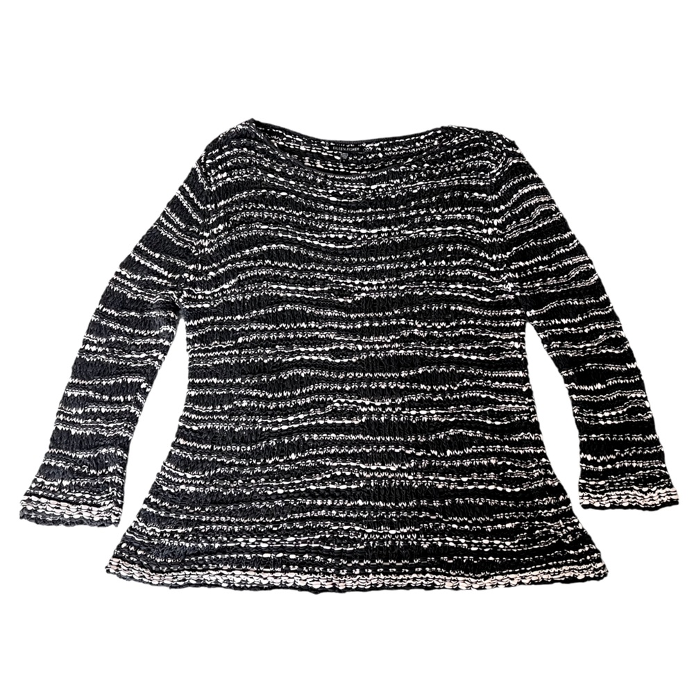 Eileen Fisher Nubbly Cotton Tape Wave Loose Knit Sweater Black and White